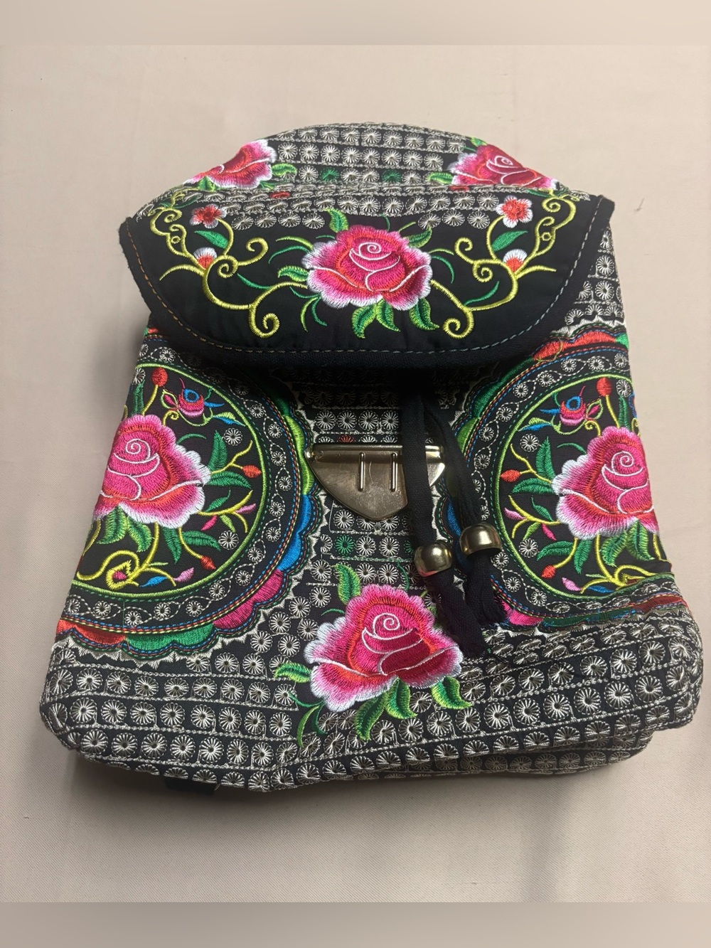 Woven Embroidered Rose Backpack Black Trim Multicolored Boho Drawstring
